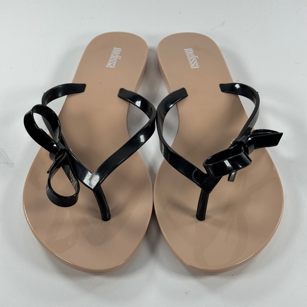 Melissa Harmonic Sweet Bow Thong Sandals Black Beige Vegan Jelly Flip Flops 10 - Picture 3 of 13